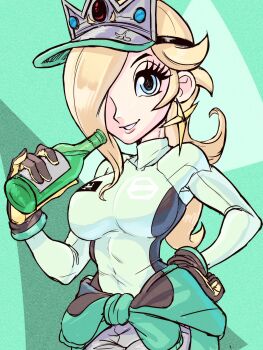 blonde_hair blue_eyes bottle breasts clothes_around_waist crown earrings gloves hair_over_one_eye hand_on_own_hip highres jewelry large_breasts long_hair looking_at_viewer mario_(series) nintendo one_eye_covered ponytail racing_suit rosalina star_(symbol) star_earrings sunvisor sweater sweater_around_waist teevo