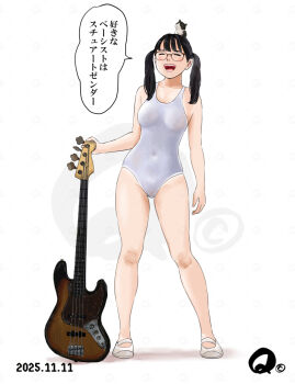 1girl :d animal animal_on_head ballet_slippers bass_guitar black_hair cat cat_on_head competition_swimsuit covered_erect_nipples covered_navel dated fender_jazz_bass full_body glasses instrument on_head one-piece_swimsuit open_mouth original q98780409 smile speech_bubble standing swimsuit twintails
