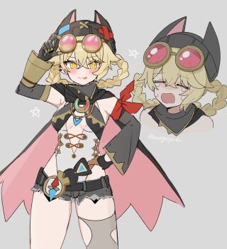 1girl blonde_hair braid braided_hair_rings breasts compass crying genshin_impact goggles goggles_on_head grey_background hair_rings hand_on_own_hip hat highres jahoda_(genshin_impact) kuromu_shado mechanical_arms short_shorts shorts single_mechanical_arm single_thighhigh small_breasts star-shaped_pupils star_(symbol) symbol-shaped_pupils thighhighs tongue tongue_out twitter_username yellow_eyes