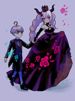 1boy 1girl absurdres ahoge black_crown black_dress black_horns blue_flower blue_rose blush bow braid breasts cleavage closed_mouth crown dress elbow_gloves flower formal_clothes full_body gloves highres holding_hands horns jacket long_dress long_hair long_sleeves master_detective_archives:_rain_code pink_eyes pink_flower pink_rose purple_bow purple_eyes purple_hair rose shinigami_(rain_code) short_hair shorts simple_background size_difference smile symbol_in_eye twin_braids uyu_(yumeyumepop7) walking yuma_kokohead