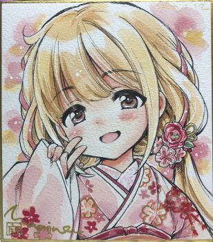 1girl :d alternate_costume blonde_hair brown_eyes commentary_request dated floral_print floral_print_kimono flower_hairpin futaba_anzu hair_ribbon highres idolmaster idolmaster_cinderella_girls idolmaster_cinderella_girls_starlight_stage japanese_clothes kimono light_blush marine_(confeitokobo) open_mouth painting_(medium) paper_texture print_kimono ribbon shikishi signature smile solo solo_focus traditional_media v watercolor_(medium)