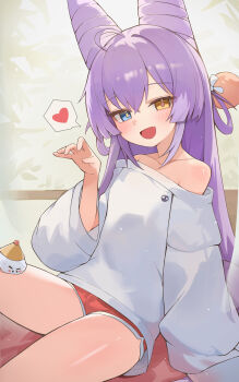 1girl :d absurdres ahoge bare_shoulders blue_eyes blush bright_pupils commentary_request cone_hair_bun cowboy_shot creature double_bun fang hair_bun hair_ornament hair_rings hand_up heart heterochromia highres inari_(tenko_shibuki) korean_commentary long_hair long_sleeves looking_at_viewer multicolored_hair off-shoulder_shirt off_shoulder open_mouth pink_pupils pom_pom_(clothes) pom_pom_hair_ornament print_shirt purple_hair red_shorts seulpeunna shirt short_shorts shorts simple_background skin_fang skull_print smile solo speech_bubble spoken_heart stellive streaked_hair tenko_shibuki virtual_youtuber white_shirt wide_sleeves yellow_eyes yellow_pupils