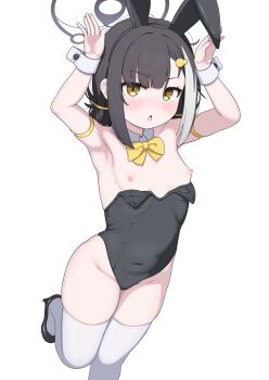 1girl alternate_costume animal_ears armpits arms_up black_hair black_leotard blackness_(blackness661) blue_archive blush bow bowtie breasts covered_navel detached_collar fake_animal_ears foot_out_of_frame groin hair_ornament hairband hairclip halo high_heels highleg highleg_leotard leotard loli looking_at_viewer multicolored_hair nipples open_mouth parted_lips playboy_bunny rabbit_ears rabbit_pose shoes simple_background small_breasts solo standing standing_on_one_leg strapless strapless_leotard streaked_hair thighhighs tsubasa_(blue_archive) two-tone_hair wardrobe_malfunction white_background white_hair white_thighhighs white_wrist_cuffs wrist_cuffs yellow_bow yellow_bowtie yellow_eyes