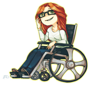 1girl barbara_gordon batman_(series) chibi dc_comics denim female_focus glasses green_eyes jeans lowres oracle oracle_(dc) orange_hair pants sitting smile solo wheelchair