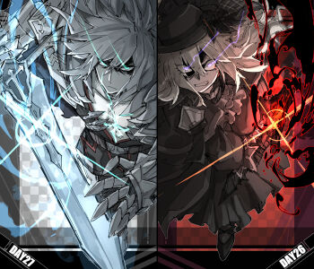 1boy 1girl angry armor aura balmung_(fate) black_capelet black_dress black_flower black_footwear black_gloves black_rose blonde_hair capelet checkered_background clenched_teeth crying crying_with_eyes_open dark_aura dress fate/grand_order fate_(series) flower from_above furious gauntlets glaring gloves glowing glowing_eyes glowing_scar glowing_weapon green_eyes hair_between_eyes hat highres holding holding_sword holding_weapon husband_and_wife kankan33333 kriemhild_(fate) looking_at_viewer mole mole_under_eye pectoral_cleavage pectorals purple_eyes rose scar scar_on_chest shaded_face siegfried_(fate) sword tears teeth weapon white_hair