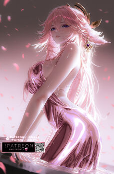 1girl animal_ears artist_name bare_shoulders blush breasts commentary dress earrings english_commentary fingernails floppy_ears fox_ears fox_girl genshin_impact hair_between_eyes highres jewelry large_breasts lips long_hair nixeu nose patreon_username petals pink_dress pink_hair pink_lips purple_eyes qr_code smile solo twitch_username water yae_miko