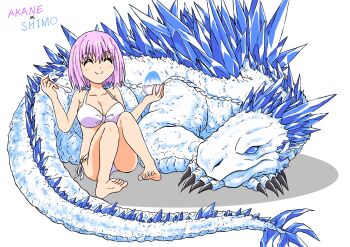 1girl blue_eyes blue_spine breasts claws crossover godzilla_(series) godzilla_x_kong:_the_new_empire gridman_universe gridman_universe_(movie) highres horns jaw kaiju king_kong_(series) large_breasts legendary_pictures long_tail monster monsterverse multiple_crossover object_in_clothes object_in_swimsuit reptile reptilian road-579 scales scratching_chin shimo_(monsterverse) shinjou_akane short_hair spiked_tail spikes spines ssss.gridman tail thagomizer