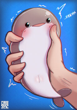 1girl ^^^ absurdres animal animal_focus animal_pussy animal_sexualization blue_background blush commentary english_commentary english_text fish gilxelothz43 highres holding holding_animal holding_fish open_mouth original pussy sacabambaspis simple_background tagme triangle_mouth