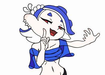 1girl :3 animated animated_gif blue_hair bouncing bouncing_hair capelet chest_sarashi collarbone dancing earrings groin gummy_madacuel hair_over_one_eye hoshino_ruby_dance index_finger_raised jewelry looking_at_viewer navel nintendo octoling open_mouth outstretched_arm red_eyes sarashi shiver_(deep_cut_outfit)_(splatoon) shiver_(splatoon) smile solo splatoon_(series) splatoon_3 tentacle_hair upper_body white_background