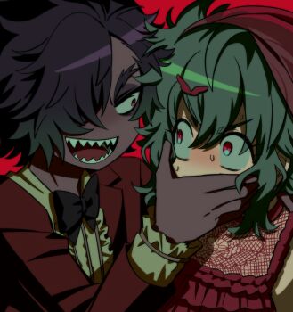 1boy 1girl absurdres black_bow black_bowtie black_hair black_jacket bow bowtie commentary_request constricted_pupils covering_another&#039;s_mouth dark-skinned_male dark_skin green_hair hair_over_one_eye highres idol_land_pripara jacket katasumi_amari katasumi_amari_(normal) korean_commentary lau_(laustar30) long_sleeves looking_at_another mario_(pripara) open_mouth pretty_series pripara red_eyes sharp_teeth short_hair smile sweatdrop teeth upper_body v-shaped_eyebrows