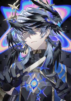1boy alternate_color alternate_costume black_gloves black_shirt black_wings blue_pupils blurry closed_mouth commentary depth_of_field earrings english_commentary eyes_on_wings feathered_wings fork gloves gold_earrings gold_trim grey_hair hair_between_eyes halo halo_behind_head hands_up head_wings holding holding_fork holding_knife holding_utensil honkai:_star_rail honkai_(series) jewelry knife light_smile long_sleeves looking_at_viewer male_focus medium_hair multiple_wings shirt solo sovereignteam spiked_halo stole sunday_(honkai:_star_rail) table_knife thorn_print turtleneck turtleneck_shirt upper_body watermark wings yellow_eyes