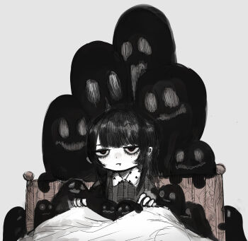 1girl absurdres bed black_eyes black_hair blanket chuhaibane collared_shirt commentary english_commentary expressionless fang fang_out ghost highres jitome long_hair mole mole_under_eye original sanpaku shirt solo