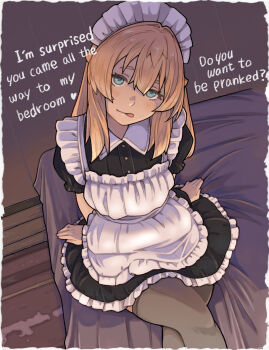 1girl absurdres apron arm_support bed_sheet blonde_hair blue_eyes bridget_(guilty_gear) closed_mouth commentary crossed_legs dress english_commentary english_text feet_out_of_frame frilled_dress frills from_above grey_thighhighs guilty_gear hair_between_eyes heart highres long_hair looking_at_viewer maid maid_apron maid_headdress on_bed sitting solo sugajyun talking thighhighs tongue tongue_out trap turning_head