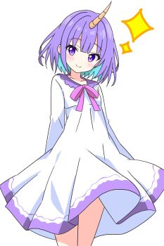 Rule 34 | 1girl, blue hair, blunt bangs, blush, bow, bowtie, brown horns, closed mouth, collarbone, colored inner hair, commentary request, cowboy shot, dot nose, dress, highres, horns, kotatsu-mazoku, long sleeves, looking at viewer, multicolored hair, original, pink bow, pink bowtie, purple eyes, purple hair, simple background, single horn, smile, solo, sparkle, two-tone hair, white background, white dress