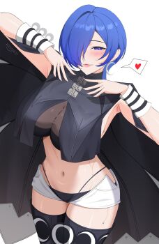 Rule 34 | 1girl, black panties, black robe, black thighhighs, breasts, commentary, crescent, crescent earrings, earrings, english commentary, hair over one eye, heart, highres, jewelry, large breasts, long hair, looking at viewer, massoukei, micro shorts, midriff, navel, panties, panty straps, promeia (zenless zone zero), purple eyes, purple hair, robe, see-through cleavage, see-through clothes, shorts, simple background, smile, solo, spoken heart, thighhighs, thighs, underwear, white background, white shorts, zenless zone zero