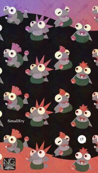 !? animal_focus closed_eyes closed_mouth commentary highres meme_(sleepsheep) mohawk nintendo no_humans open_mouth purple_hair red_hair salmonid smallfry_(splatoon) speech_bubble splatoon_(series) splatoon_3 symbol-only_commentary tail teeth