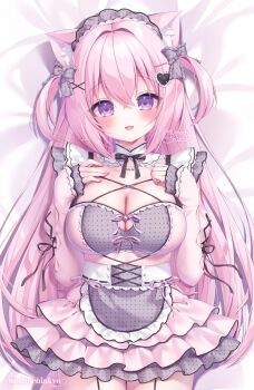 1girl animal_ear_fluff animal_ears bed_sheet blush bow breasts cat_ears cleavage commentary_request dress grey_bow grey_hairband hair_between_eyes hairband hands_on_own_chest highres large_breasts long_hair long_sleeves looking_at_viewer lying momochi_chia on_back open_mouth original pink_dress pink_hair purple_eyes signature solo very_long_hair