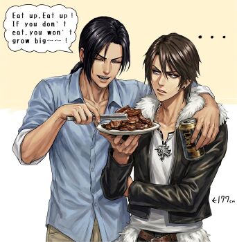 ... 2boys arm_around_shoulder belt black_hair black_jacket black_pants blue_shirt brown_belt brown_hair can closed_eyes collared_shirt commentary drink_can earrings english_commentary english_text father_and_son final_fantasy final_fantasy_viii food fur-trimmed_jacket fur_trim grey_pants hair_between_eyes height highres holding holding_can holding_tongs jacket jewelry laguna_loire locke_otaku long_hair looking_at_another low_ponytail male_focus meat multiple_boys necklace open_mouth pants parted_bangs parted_lips ponytail scar scar_on_face shirt short_hair silver_necklace single_earring sleeves_rolled_up smile squall_leonhart tongs upper_body white_shirt