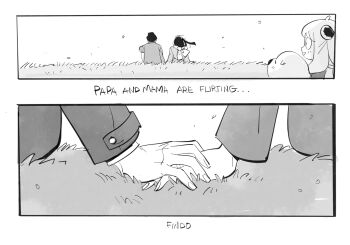 1boy 2girls ahoge anya_(spy_x_family) artist_name black_hair black_hat bond_(spy_x_family) border commentary couple dog english_text findoworld grass greyscale hairband hairpods hat hetero highres holding_hands looking_at_another medium_hair monochrome multiple_girls open_mouth outdoors sitting smile spy_x_family symbol-only_commentary twilight_(spy_x_family) white_border white_hairband yor_briar