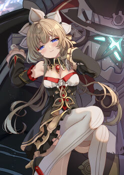 1girl bare_shoulders black_collar black_sleeves blonde_hair blue_eyes blush breasts brown_hair collar detached_collar detached_sleeves dress genshin_impact gloves head_wings highres long_hair looking_at_viewer medium_breasts multiple_girls sandrone_(genshin_impact) smile solo thighhighs white_gloves white_thighhighs wings xephonia