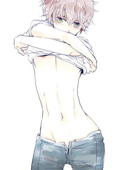 1boy brown_hair clothes_lift code_geass cowboy_shot denim green_eyes hair_between_eyes jeans kururugi_suzaku male_focus midriff navel nipples pants shirt shirt_lift simple_background solo t-shirt unzipped white_background white_shirt