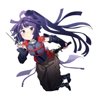 Rule 34 | 1girl, absurdres, ahoge, akatsuki (log horizon), armor, black gloves, closed mouth, fingernails, glint, gloves, highres, holding, holding needle, holding sword, holding weapon, log horizon, long hair, needle, ninja, pauldrons, ponytail, purple eyes, scabbard, sheath, shoulder armor, simple background, single glove, smile, solo, sword, unsheathing, very long hair, weapon, white background, ziki (gkdlfnzo1245)
