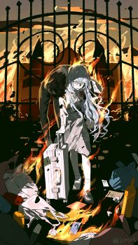 1boy 1girl absurdres backlighting bag bang_dream! bang_dream!_it&#039;s_mygo!!!!! black_hair blue_hair bottle burning burning_building carrying carrying_person chinese_commentary cloud commentary_request crying crying_with_eyes_open father_and_daughter fence fire full_body grey_skirt highres house jehilda long_hair long_sleeves looking_at_viewer outdoors paper plastic_bag rolling_suitcase shirt shoes skirt sky socks suitcase tears togawa_kiyotsugu togawa_sakiko trash_bag unconscious walking white_shirt white_socks yellow_eyes