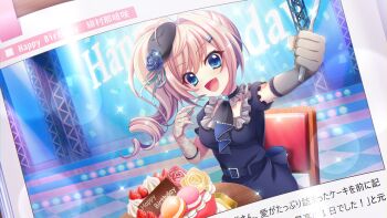 1girl :d ascot asymmetrical_gloves belt beret birthday birthday_cake black_ascot black_belt black_choker black_dress black_hat blue_eyes blue_flower blue_gemstone blue_rose breasts cake candy character_name checkered_floor chocolate chocolate_bar choker dot_nose dress eating elbow_gloves english_text film_grain fishnet_gloves fishnets flower food food_writing fork fruit game_cg gem gloves grey_gloves hair_intakes hair_ornament hairclip hand_up happy_birthday hat hat_flower high_side_ponytail himura_nagisa holding holding_fork holding_knife izumi_tsubasu knife lens_flare long_hair looking_at_viewer macaron magazine_(object) medium_breasts mismatched_gloves non-web_source official_art open_magazine open_mouth outstretched_arm photo_(object) pink_hair re:stage! red_flower red_rose rose round_table screen sitting smile solo sparkle stage stage_lights strawberry strawberry_cake swept_bangs table tilted_headwear wooden_table yellow_flower yellow_rose