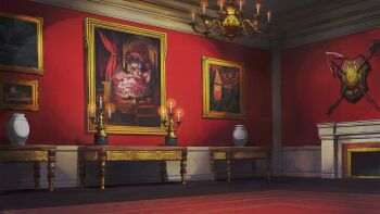 1girl artist_request ascot bat_wings candle candlestand chandelier game_cg hat hat_ribbon highres indoors marisa_of_liartop_mountain mob_cap non-web_source official_art painting_(object) picture_frame pink_hat pink_shirt pink_skirt polearm purple_hair red_carpet red_eyes remilia_scarlet ribbon second-party_source shadow shirt sitting skirt skirt_set solo spear table touhou vase weapon wings