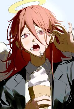 1boy 333takoyaki absurdres angel_devil_(chainsaw_man) black_jacket chainsaw_man collared_shirt commentary_request food food_on_face hair_behind_ear hair_between_eyes halo highres holding holding_ice_cream_cone ice_cream ice_cream_cone ice_cream_on_face jacket long_hair long_sleeves looking_at_viewer male_focus open_mouth red_eyes red_hair shirt simple_background solo upper_body white_shirt white_wings wings