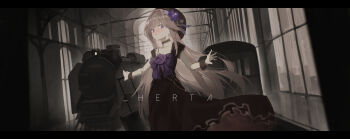 1girl absurdres alternate_costume beret black_dress black_hat blunt_bangs bow brown_hair closed_mouth cowboy_shot dress flower hair_intakes hat herta_(honkai:_star_rail) herta_(puppet)_(honkai:_star_rail) highres honkai:_star_rail honkai_(series) long_hair looking_at_viewer original outdoors outstretched_arms pascaldinger purple_bow purple_eyes purple_flower solo train