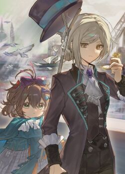 2girls :&lt; :| ahoge ascot bird black_coat black_hat black_pants black_vest blue_bow blue_dress blue_eyes blurry blurry_background boater_hat bow brown_hair closed_mouth coat collared_shirt dress flutterpage grey_eyes grey_hair grey_sky hair_bow hair_bun hand_up hat highres holding holding_pocket_watch holding_rod looking_at_watch multiple_girls multiple_hair_bows pants pocket_watch purple_bow red_bow reverse:1999 rod shirt short_hair single_side_bun sky sp0i0ppp unworn_hat unworn_headwear vertin_(reverse:1999) vest waistcoat watch white_ascot white_shirt