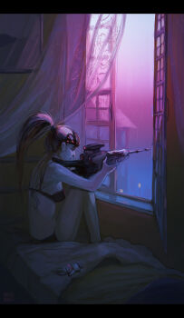 1girl 2017 aiming artist_name bed_sheet black_bra black_panties bra colored_skin curtains daria_arbuz female_focus from_side gun head-mounted_display highres holding holding_gun holding_weapon indoors long_hair looking_outside on_bed open_window overwatch overwatch_1 panties ponytail profile purple_hair purple_skin rifle scope sitting sniper sniper_rifle solo spider_tattoo tattoo toy underwear underwear_only weapon widowmaker_(overwatch) window