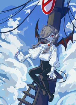 absurdres bat_wings black_pants blue_sky cable cloud cloudy_sky demon_tail demon_wings earrings fingernails hair_over_one_eye highres jewelry ladder long_hair long_sleeves minecraft nail_polish pants pillar puffy_sleeves red_nails road_sign shirt sign sitting sky tail twitch.tv urennnii white_shirt wings wire xah0b_(minecraft)