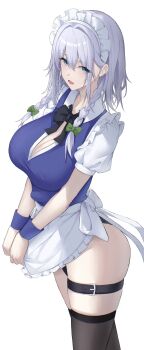 1girl 7saki apron apron_lift belt black_belt black_bow black_bowtie black_panties black_thighhighs blue_eyes blue_vest bow bowtie braid breasts cleavage clothes_lift collared_shirt commentary green_bow grey_hair hair_bow highres izayoi_sakuya large_breasts maid maid_apron maid_headdress medium_hair no_pants open_mouth panties puffy_short_sleeves puffy_sleeves shirt short_sleeves thigh_belt thigh_strap thighhighs touhou twin_braids underwear vest waist_apron white_apron white_background white_headdress white_shirt wristband