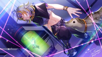 1girl animal antenna_hair belt belt_buckle belt_collar black_belt black_boots black_capelet black_pants blonde_hair boots buckle capelet collar commission crop_top cross-laced_clothes cross-laced_top diffraction_spikes dutch_angle full_body goru_e grey_hair grey_shirt gun handgun indie_virtual_youtuber indoors industrial_pipe knee_boots komodo_dragon laser leaning_to_the_side light_particles looking_to_the_side midriff multicolored_hair navel on_floor orange_collar pants parted_lips profile purple_eyes scar scar_on_arm scar_on_shoulder science_fiction shirt short_hair skeb_commission sleeveless sleeveless_shirt solo space_print starry_sky_print streaked_hair sunny_splosion sunny_splosion_(1st_costume) tank_(container) twitter_username virtual_youtuber weapon wristband yellow_belt