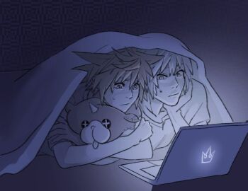 2boys character_doll computer crossed_arms doll holding holding_stuffed_toy kingdom_hearts kingdom_hearts_3d:_dream_drop_distance laptop looking_at_screen lying male_focus melasyj multiple_boys nervous_sweating on_stomach riku_(kingdom_hearts) shared_blanket sora_(kingdom_hearts) spiked_hair stuffed_animal stuffed_toy sweat sweatdrop under_covers wondernyan_(kingdom_hearts)