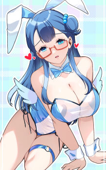 1girl absurdres alternate_breast_size_(larger) animal_ears blue_bow blue_bowtie blue_eyes blue_hair blush bow bowtie breasts detached_collar fake_animal_ears glasses hair_bun heart_maebari heart_pasties highres huge_breasts hugtto!_precure long_hair looking_at_viewer maebari navel open_mouth pasties playboy_bunny precure rabbit_ears red-framed_eyewear rumo single_hair_bun sitting solo thigh_strap yakushiji_saaya