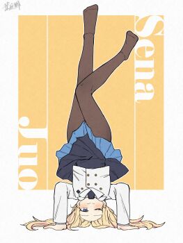 1girl belt_buckle black_necktie black_overskirt black_pantyhose blonde_hair blue_eyes blue_skirt blush buckle character_name closed_mouth cropped_jacket gakuen_idolmaster grey_shirt handstand haniwa_hayate hatsuboshi_gakuen_school_uniform highres idolmaster jacket juo_sena long_hair loose_hair_strand lycoris_challenge_(meme) meme multicolored_hair necktie one_eye_closed overskirt pantyhose pink_streaks pleated_skirt school_uniform shirt signature skirt solo streaked_hair white_jacket yellow_background