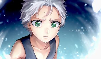 1046sstep_btoh 1boy bleach blue_background collarbone commentary_request dated green_eyes hitsugaya_toushirou male_focus portrait solo translation_request white_hair