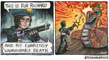 Rule 34 | 1girl, absurdres, artist name, beret, black gloves, blue eyes, brown hair, commentary, english commentary, fingerless gloves, firing, gloves, gun, hat, headshot, highres, holding, holding gun, holding weapon, jill valentine, resident evil, resident evil 1, rhiannon kagoe, shotgun, shoulder pads, snake, speech bubble, weapon