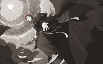 1boy black_cloak black_hair cape cloak cloud crown dante_alighieri_(fate) dante_alighieri_(third_ascension)_(fate) demon demon_horns demon_wings fate/grand_order fate_(series) feather_nib_pen floating_crown heaven hell highres holding holding_pen hood horns laurel_crown looking_at_viewer looking_down miyuyoko pages partially_colored pen reaching reaching_towards_viewer rope rope_belt sun tassel wings