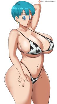 1girl animal_print bikini blue_eyes blue_hair blush breasts bulma cow_print cow_print_bikini dragonball_z female_focus huge_breasts lipstick makeup medium_hair panarandom print_bikini red_lips simple_background solo solo_focus swimsuit white_background