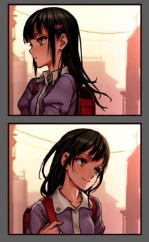 Rule 34 | 1girl, as109, backpack, bad id, bad pixiv id, bag, black hair, blush, breasts, female focus, green eyes, hair ornament, hairclip, long hair, shoujo to ura roji, small breasts, smile, solo