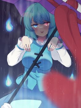 1girl absurdres blue_eyes blue_hair blue_skirt blue_vest blurry blush breasts commentary_request cowboy_shot depth_of_field ghost_pose glowing glowing_eyes hands_up heterochromia highres karakasa_obake kominato_haru long_sleeves long_tongue medium_breasts medium_hair purple_umbrella rain red_eyes shirt skirt solo tatara_kogasa tongue tongue_out touhou umbrella vest white_shirt will-o&#039;-the-wisp_(mythology)