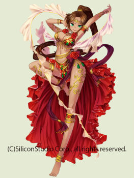 1girl anklet armlet bare_legs barefoot belly_chain bikini bikini_top_only bracelet brown_hair circlet dancer dancing dark-skinned_female dark_skin female_focus flower full_body gold_anklet gold_circlet gold_thighlet green_eyes gyakushuu_no_fantasica harem_outfit henna high_ponytail jewelry long_hair mitake_eil official_art original ponytail rose sash skirt solo standing standing_on_one_leg swimsuit tattoo thighlet very_long_hair