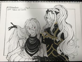 1boy 1girl alternate_hairstyle between_breasts blush breasts camilla_(fire_emblem) cleavage fire_emblem fire_emblem_fates hair_over_one_eye hand_on_another's_arm hhalouette large_breasts long_hair nintendo older_female_and_younger_male one_eye_covered orange_eyes playing_with_another's_hair ponytail simple_background sitting strap_between_breasts takumi_(fire_emblem) tiara traditional_media