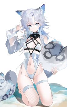1girl absurdres animal_ear_fluff animal_ears bare_shoulders barefoot blue_eyes blue_gem breasts choker closed_mouth clothing_cutout commentary detached_sleeves ear_piercing earrings fishnet_thighhighs fishnets forehead_jewel frilled_one-piece_swimsuit frills full_body gem grey_choker hand_up highleg highleg_one-piece_swimsuit highres holding_own_tail indie_virtual_youtuber jewelry kneeling ligod long_hair looking_at_viewer luciwuzi_(vtuber) navel_cutout one-piece_swimsuit piercing simple_background slit_pupils small_breasts snow_leopard_ears snow_leopard_girl snow_leopard_tail solo spiked_choker spikes swimsuit tail thigh_strap thighhighs thighs virtual_youtuber white_background white_hair white_one-piece_swimsuit white_sleeves
