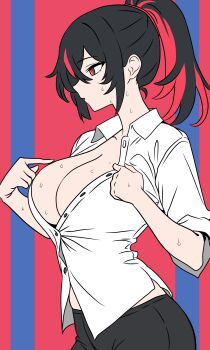 1girl absurdres black_hair black_pants breasts cleavage collarbone collared_shirt colored_inner_hair hair_between_eyes high_ponytail highres large_breasts long_hair multicolored_hair open_clothes open_mouth original pants partially_unbuttoned pointing pointing_at_self ponytail red_eyes red_hair red_streaks shirt sidelocks simple_background solo streaked_hair sweat two-tone_hair white_shirt witchrosemary