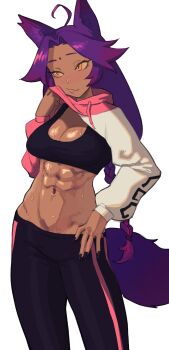 1girl abs absurdres ahoge animal_ears bindi black_nails black_pants black_sports_bra blush braid breasts cleavage closed_mouth cowboy_shot curtained_hair dark-skinned_female dark_skin facial_mark fingernails hair_intakes hand_on_own_hip highres hood hooded_shrug lifting_own_clothes light_blush light_smile long_fingernails long_hair long_sleeves looking_to_the_side low-braided_long_hair low-tied_long_hair medium_breasts midriff multicolored_shrug navel nose_blush orange_eyes original pants piku184 pink_shrug purple_hair shrug_(clothing) simple_background single_braid smile solo sports_bra sportswear stomach striped_clothes striped_pants sweat tail tight_clothes tight_pants two-tone_shrug vertical-striped_clothes vertical-striped_pants very_long_hair white_background white_shrug wiping_face wiping_with_clothes workout_clothes yoga_pants